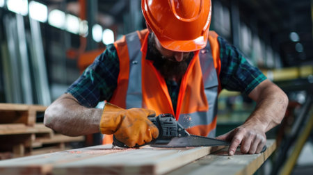 A skilled worker wearing an orange hard hat and safety vest cuts wood using a power tool in a modern workshop, showcasing craftsmanship and precision.の素材