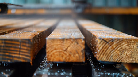 This close-up image showcases raw wooden planks with water droplets resting on the surface, highlighting their natural beauty and texture in a workshop.の素材