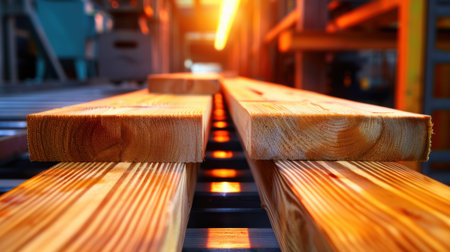 This image features freshly cut timber planks arranged in a woodworking workshop, illuminated by warm sunlight, highlighting the intricate grain patterns and textures.の素材