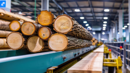 This image captures a vibrant industrial scene featuring freshly cut logs stacked on a conveyor belt within a modern timber processing facility.の素材