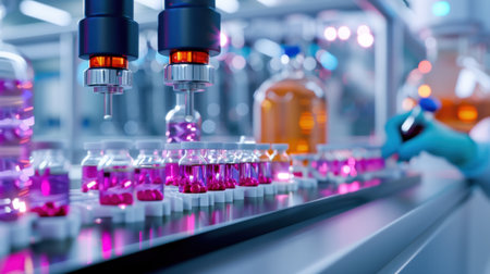 A vibrant laboratory showcasing colorful liquid samples in test tubes under a microscope. This high-tech scene illustrates meticulous research and experimentation.の素材