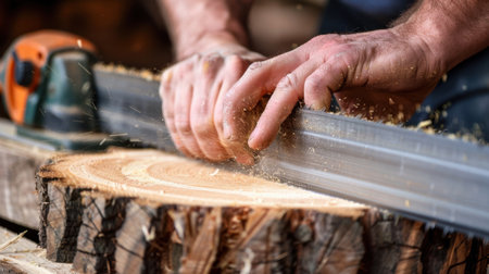 Close-up view of skilled hands using a hand plane on a wooden log, showcasing the meticulous process of woodworking with sawdust flying, focusing on craftsmanship.の素材