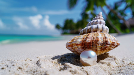 This stunning image captures a close-up view of a conch shell and a lustrous pearl resting on soft sand, with a vibrant turquoise ocean backdrop and lush palm trees.の素材