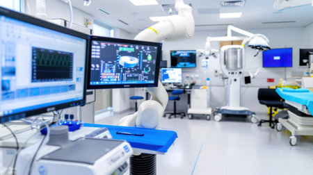 A modern operating room featuring advanced medical technology and sophisticated equipment. The setup highlights monitors displaying vital information crucial for surgical procedures.の素材