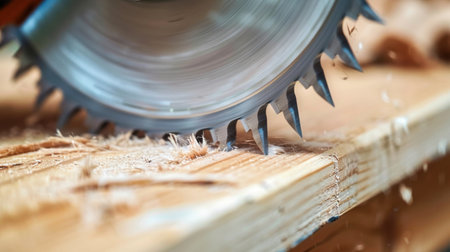 A close-up view of a circular saw cutting through a wooden plank on a workshop bench, surrounded by shavings and sparks, highlighting craftsmanship in action.の素材