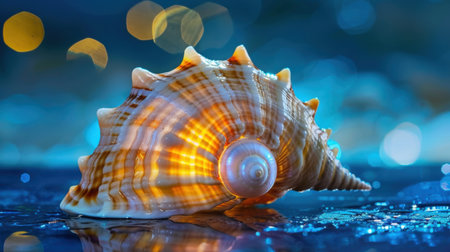A stunning close-up view of a spiral shell resting on a wet surface, illuminated by a soft blue and yellow bokeh background, creating a serene atmosphere.の素材