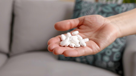 A close-up image of a hand holding white pills against a soft couch backdrop, symbolizing health, wellness, and the importance of self-care at home.の素材