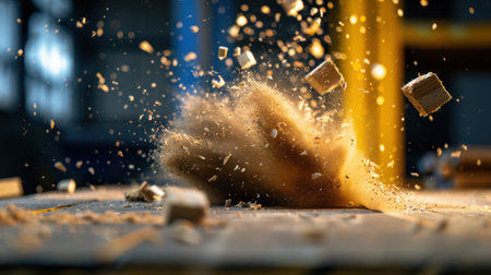A dramatic capture of wood particles and dust erupting in a workshop setting, showcasing the dynamic energy of woodworking processes.の素材