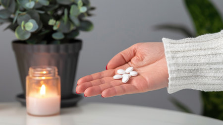 A serene indoor scene featuring a hand holding white pills beside a lit candle and a potted plant, evoking themes of health and relaxation.の素材