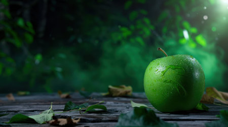 A vibrant green apple rests on a rustic wooden table, adorned with droplets of water and surrounded by fresh leaves. The soft-focused background creates a serene atmosphere, perfect for conveying themes of nature, health, and organic quality.の素材