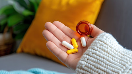 A person casually holds an assortment of colored pills and a prescription bottle in a cozy indoor space, emphasizing themes of health and wellness.の素材
