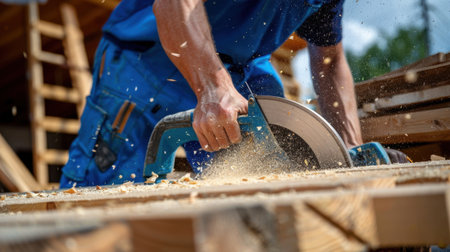 A skilled carpenter operates a circular saw on a wooden plank, creating dust and shavings in a vibrant construction site during bright sunlight.の素材