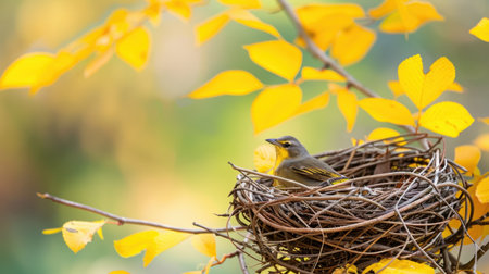 A serene image depicting a bird nestled in its intricately woven nest surrounded by vibrant yellow autumn leaves, celebrating nature's beauty and tranquility.の素材