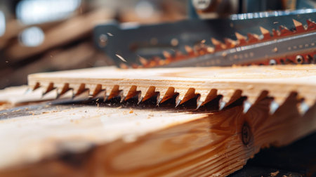 A detailed close-up view of a saw cutting through a wooden plank in a workshop environment. Sparks and wood shavings fly, showcasing craftsmanship and precision.の素材