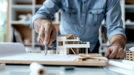 A focused architect creates a detailed scale model of a modern house, surrounded by blueprints and tools in a bright and creative workspace.の素材