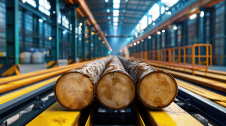 A captivating image of logs resting on a conveyor belt in a bustling lumber mill, showcasing the blend of industrial machinery and natural materials.の素材