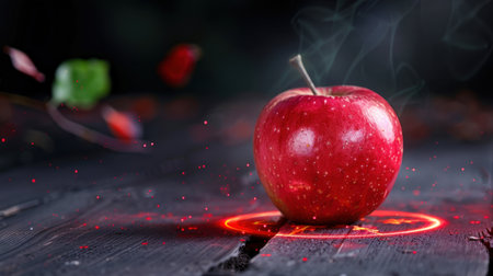 A vivid red apple sits on a dark wooden surface, accented by swirling smoke and sparkling lights, creating a captivating and artistic composition.の素材