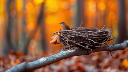 A serene scene of a bird nest perched on a branch in an autumn forest, surrounded by vibrant leaves and soft, blurred background creating tranquility.の素材