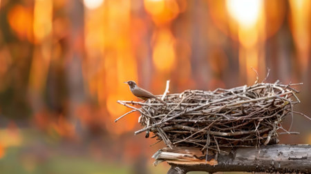 A peaceful scene captures a bird perched on its woven nest, surrounded by a colorful autumn forest backdrop, showcasing nature's serene beauty.の素材