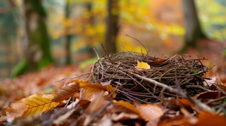 A beautiful empty nest made of twigs rests on a carpet of colorful autumn leaves, showcasing the rich hues of nature in a tranquil forest setting.の素材