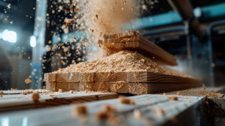 Dynamic view capturing the process of woodworking with flying sawdust around wooden boards in a workshop setting, showcasing craftsmanship and precision.の素材