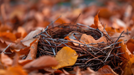 A serene image showcasing a bird's nest nestled among vibrant autumn leaves, capturing the beauty of nature's seasonal transition with a warm palette.の素材