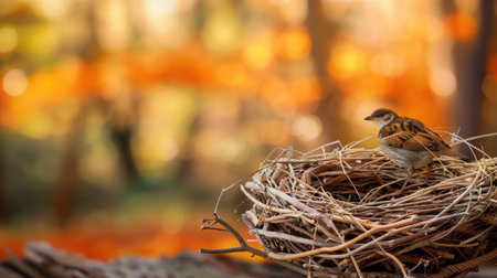 A small bird sits quietly in its nest, surrounded by vibrant autumn foliage, capturing a moment of tranquility in nature's palette of colors.の素材