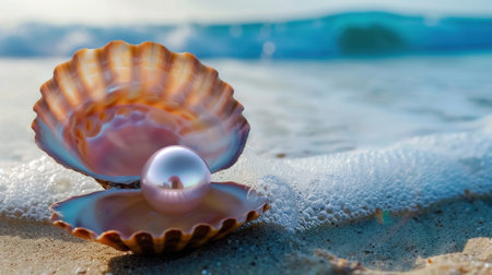 A stunning seashell featuring a lustrous pearl rests on soft sand near gentle ocean waves, creating a peaceful beach scene that evokes tranquility.の素材