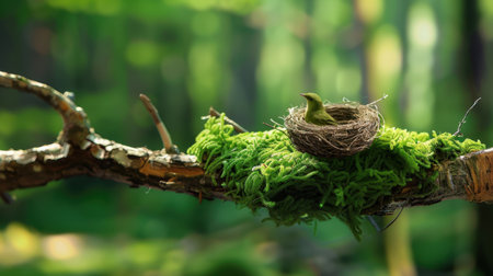 A serene scene featuring a bird nest resting on a moss-covered branch in a vibrant green forest. This image evokes tranquility and connection to nature.の素材