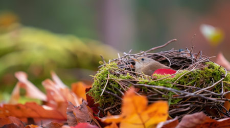 A charming bird nestled in a natural nest surrounded by vibrant autumn leaves and lush green moss, creating a soothing and picturesque nature scene.の素材