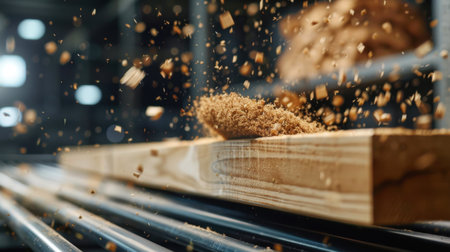 A dynamic shot showcasing the woodworking process in action, with flying sawdust and freshly cut timber, highlighting craftsmanship and precision in a workshop.の素材