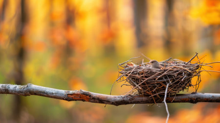 A serene scene featuring a nest with a bird perched on a branch, set against a backdrop of vibrant autumn foliage and soft sunlight filtering through the trees.の素材