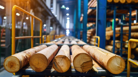 A well-organized display of logs in a wood processing facility, showcasing the industrial environment and natural lighting of the workspace.の素材