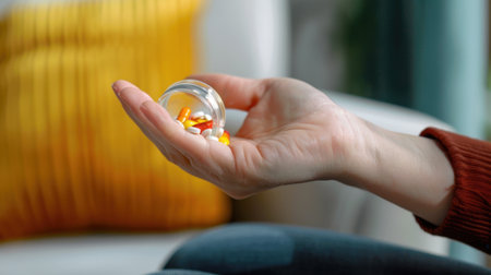 A close-up view of a person's hand holding a transparent container filled with colorful pills, symbolizing health and wellness in a cozy home environment.の素材