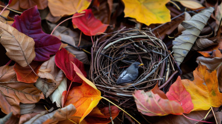 This captivating image features a small bird nestled in a natural nest, surrounded by vibrant autumn leaves, showcasing the beauty of seasonal change.の素材