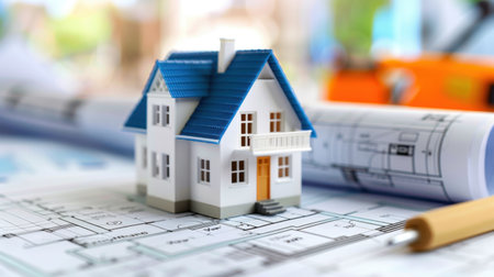 A detailed miniature model of a house placed on architectural blueprints, showcasing construction tools and design elements, ideal for real estate themes.の素材