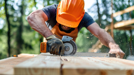 A skilled carpenter expertly cuts a wooden plank with a power saw at an outdoor construction site, showcasing craftsmanship and precision.の素材