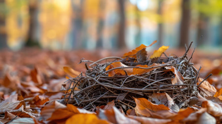 A serene nest rests amid a colorful bed of autumn leaves, capturing the essence of fall in a sunlit forest. The soft background enhances the warm hues.の素材