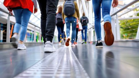 A vibrant scene showcasing the feet of young individuals walking on a modern pedestrian bridge. The sunlit urban environment highlights movement and connection.の素材