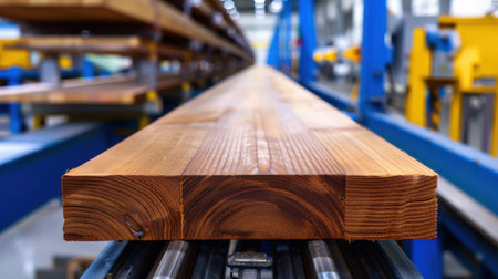 Close-up view of rustic wooden beams on a conveyor belt inside a modern sawmill factory, showcasing the craftsmanship and processing of raw lumber in an industrial setting.の素材