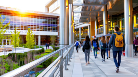 A vibrant university scene showcasing students walking along a modern walkway, with striking architecture and lush greenery highlighted by golden evening sunlight.の素材