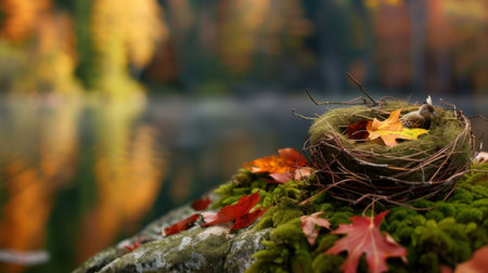 This enchanting image features a cozy bird nest adorned with vibrant autumn leaves, resting on a moss-covered rock by tranquil waters, inviting serenity and beauty.の素材