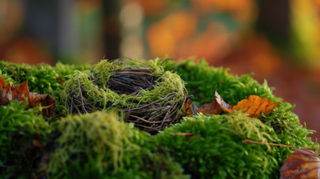 A close-up view of a delicate nest made from twigs, perfectly cradled in vibrant green moss. Surrounding it are bright autumn leaves, showcasing nature's colorful transition.の素材