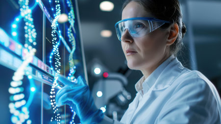 A female scientist in a laboratory setting is focused on analyzing DNA data using advanced technology. The scene highlights modern scientific equipment and innovations.の素材