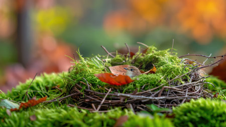 A cozy bird nest rests on lush green moss, adorned with colorful autumn leaves, creating a beautiful scene of tranquility and natural harmony.の素材