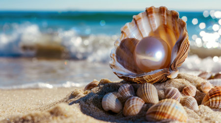 A stunning close-up of a shell containing a pearl, resting on warm sand with gentle waves in the background, reflecting sunlight in a serene coastal setting.の素材