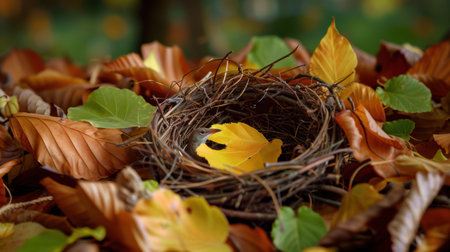 A serene autumn scene featuring a delicate nest cradled among a tapestry of colorful leaves. The warm hues create a tranquil atmosphere in nature.の素材