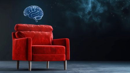 A striking representation of the mind showcased through a vibrant red armchair and a luminous brain illustration against a dark background, sparking creativity.の素材