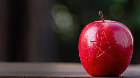 A bright red apple features a star symbol carved into its surface, set against a softly blurred green backdrop, promoting a unique visual concept for health and creativity.の素材