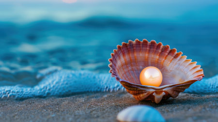A stunning seashell cradling a lustrous pearl rests on sandy beach, set against a tranquil ocean backdrop at sunset, evoking a sense of peace.の素材